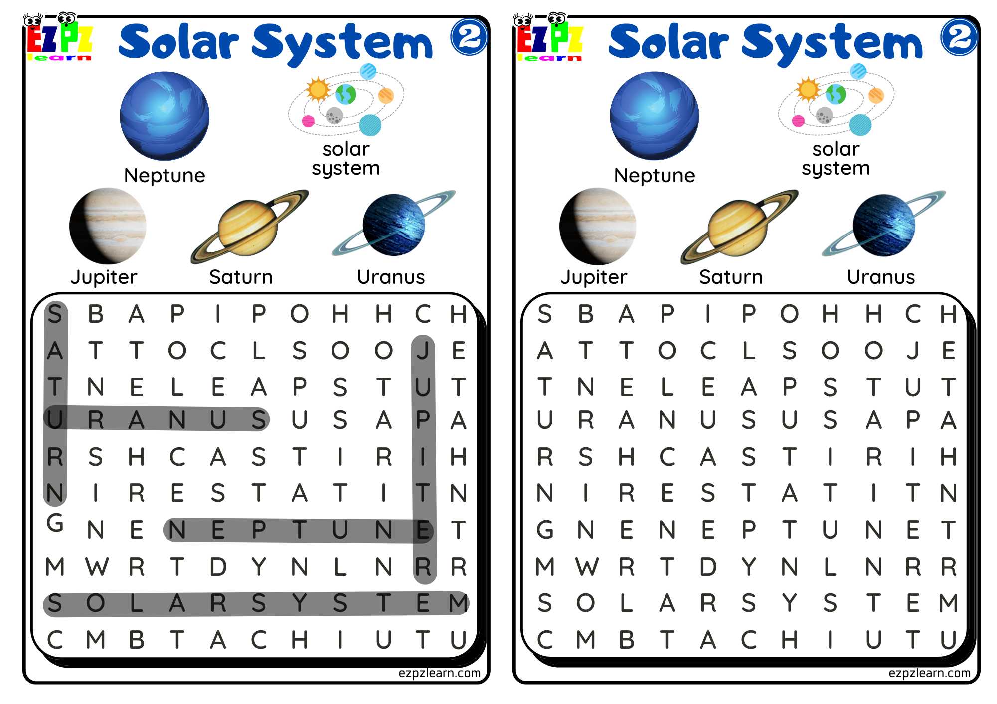 Solar System Word Search Worksheet 2 For Kids - Ezpzlearn.com